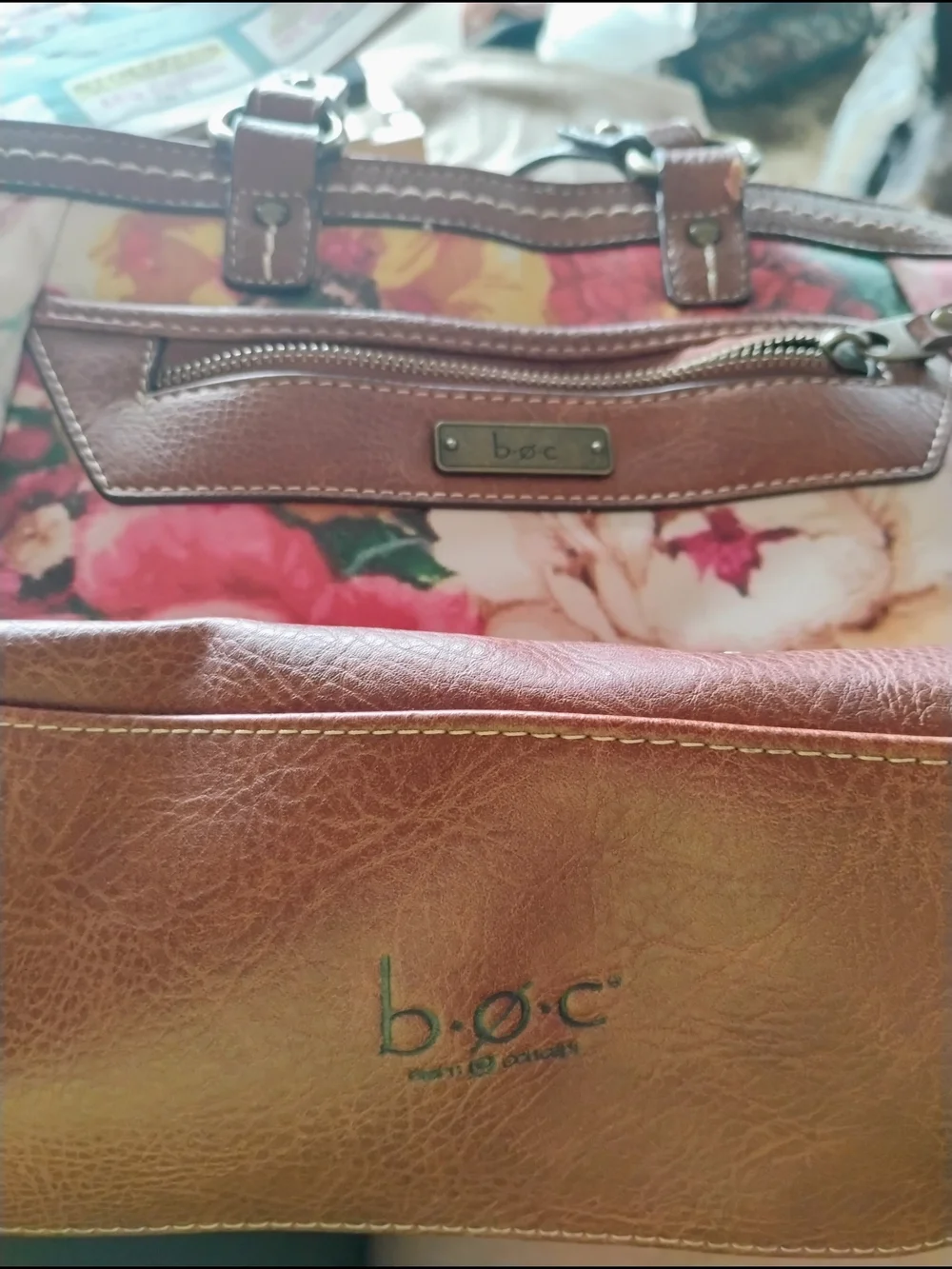 boc Floral Tote with Brown Trim and Pink & Yellow Roses